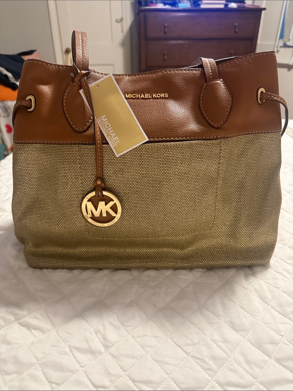 Michael Kors Brown & Natural Woven Tote with Gold MK Charm